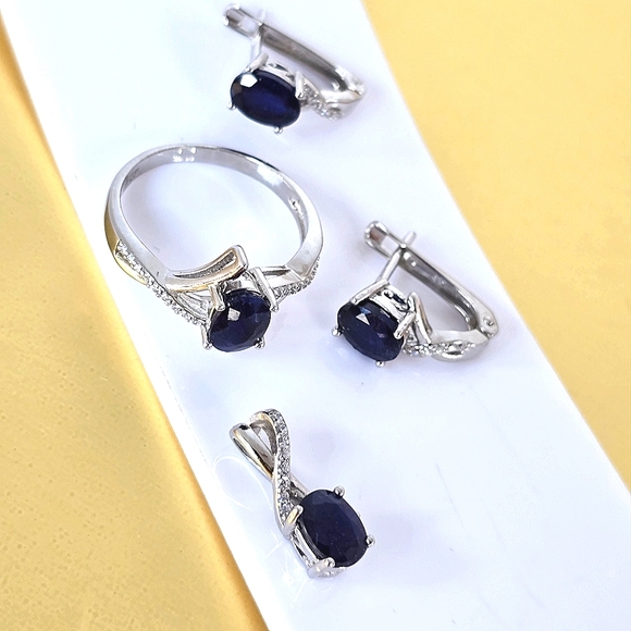 Natural Sapphire set "Afina" 925 Sterling Silver Earrings Pendant Ring 6.75/7.75 - Picture 10 of 10